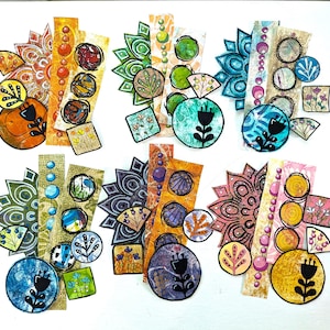 May include: Six clusters of mixed-media paper cutouts featuring hand-drawn black flower silhouettes, circular and square shapes with botanical patterns, and vertical strips with bead-like designs in orange, green, blue, purple, and pink hues.