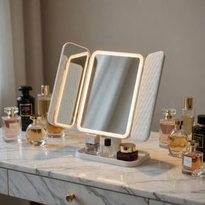 LED Vanity Mirror Trifold | Lighted Makeup Mirror | USB Rechargeable Desk Mirror | 3 Color Lighting | Vanity Table Decor | Gift Her