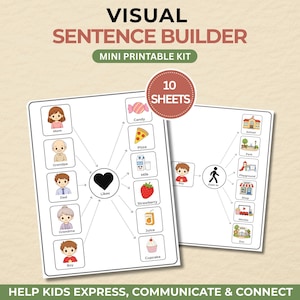 Op de afbeelding: Een visuele zinnenbouwer mini printbare kit met 10 vellen. De kit bevat geïllustreerde kaarten met woorden en afbeeldingen om kinderen te helpen zich uit te drukken, te communiceren en contact te maken. De kaarten bevatten afbeeldingen van familieleden, eten en plaatsen.