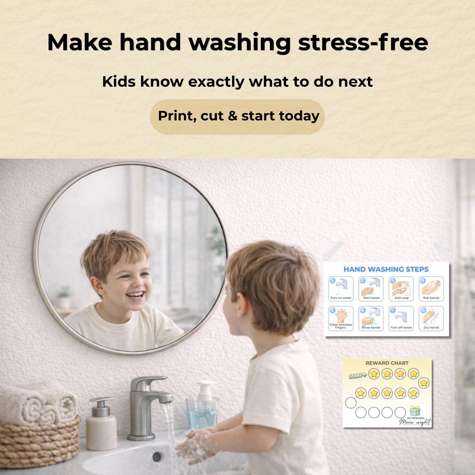 Hand Washing Chart for Kids Printable + Reward Chart, Visual Routine ...