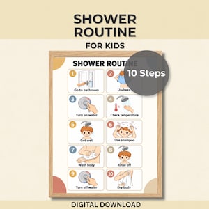 Op de afbeelding: Een ingelijste educatieve poster getiteld SHOWER ROUTINE FOR KIDS met 10 genummerde stappen en illustraties. De stappen omvatten naar de badkamer gaan, uitkleden, water aanzetten, temperatuur controleren, nat worden, shampoo gebruiken, lichaam wassen, afspoelen, water uitzetten en lichaam afdrogen.