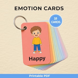 Puede incluir: Tarjetas de emociones con una ilustración de dibujos animados de un niño feliz. La tarjeta es de color melocotón y tiene la palabra "Happy" escrita en negro. El juego incluye 18 tarjetas y está unido a un anillo de metal. También se ven las palabras "Emotion Cards" y "Printable PDF".