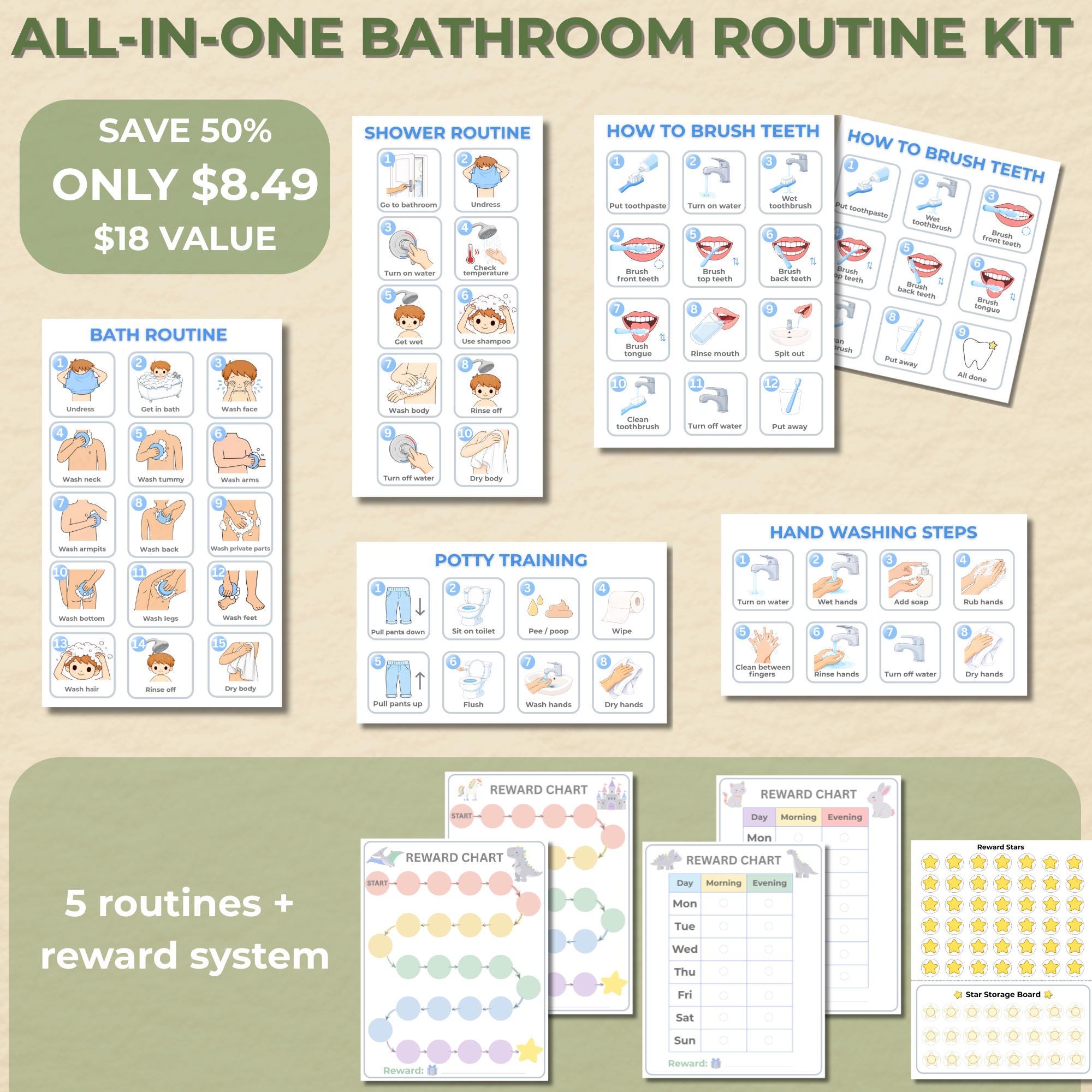 Bath Routine Visual Bath Routine Chart for Kids | Printable Visual Schedule | Boy & Girl ...