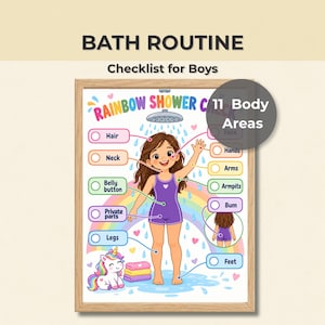 Peut inclure: Une affiche encadrée Bath Routine Checklist for Boys montrant un personnage en maillot de bain violet sous une douche. Le tableau inclut 11 zones corporelles, un arc-en-ciel et une licorne. Le texte indique BATH ROUTINE, Checklist for Boys et 11 Body Areas.