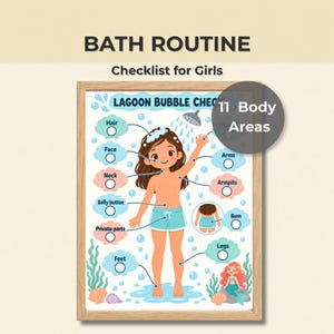 Könnte beinhalten: Ein gerahmtes Lernposter mit dem Titel BATH ROUTINE Checklist for Girls, das eine Cartoon-Illustration einer duschenden Person zeigt. Das Diagramm enthält 11 Körperbereiche, die mit Muschelsymbolen zum Abhaken markiert sind, umgeben von blauen Blasen.