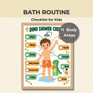 Printbare checklist voor kinderdouches: 1 poster met dinosaurusroutine voor badkamerhygiëne
