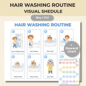Visuellt schema för hårtvättsrutiner för barn | Rutinschema för badrum | Utskrivbar hygienposter | Visuellt stöd för autism