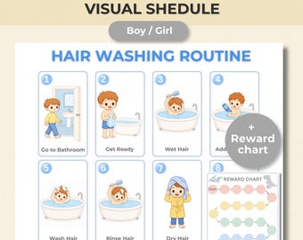 Hair Washing Routine Visual Schedule for Kids | Bathroom Routine Chart | Printable Hygiene Poster | Autism Visual Support