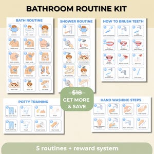 May include: A Bathroom Routine Kit with illustrated guides for bath, shower, teeth brushing, potty training, and hand washing. The kit includes step-by-step instructions with accompanying images. The text "Get More & Save" is also visible.