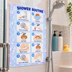 Op de afbeelding: Een rechthoekig douche-routinebord met een lichtblauwe achtergrond en bellenpatroon. Het bevat tien genummerde stappen met cartoonillustraties en tekstinstructies, variërend van naar de badkamer gaan tot het afdrogen van het lichaam.