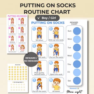 Peut inclure: Un tableau de routine pour mettre ses chaussettes avec des étapes numérotées et des illustrations d'un enfant effectuant chaque action. Le tableau comprend un suivi de récompenses hebdomadaire avec des cercles bleus et des étoiles autocollantes.