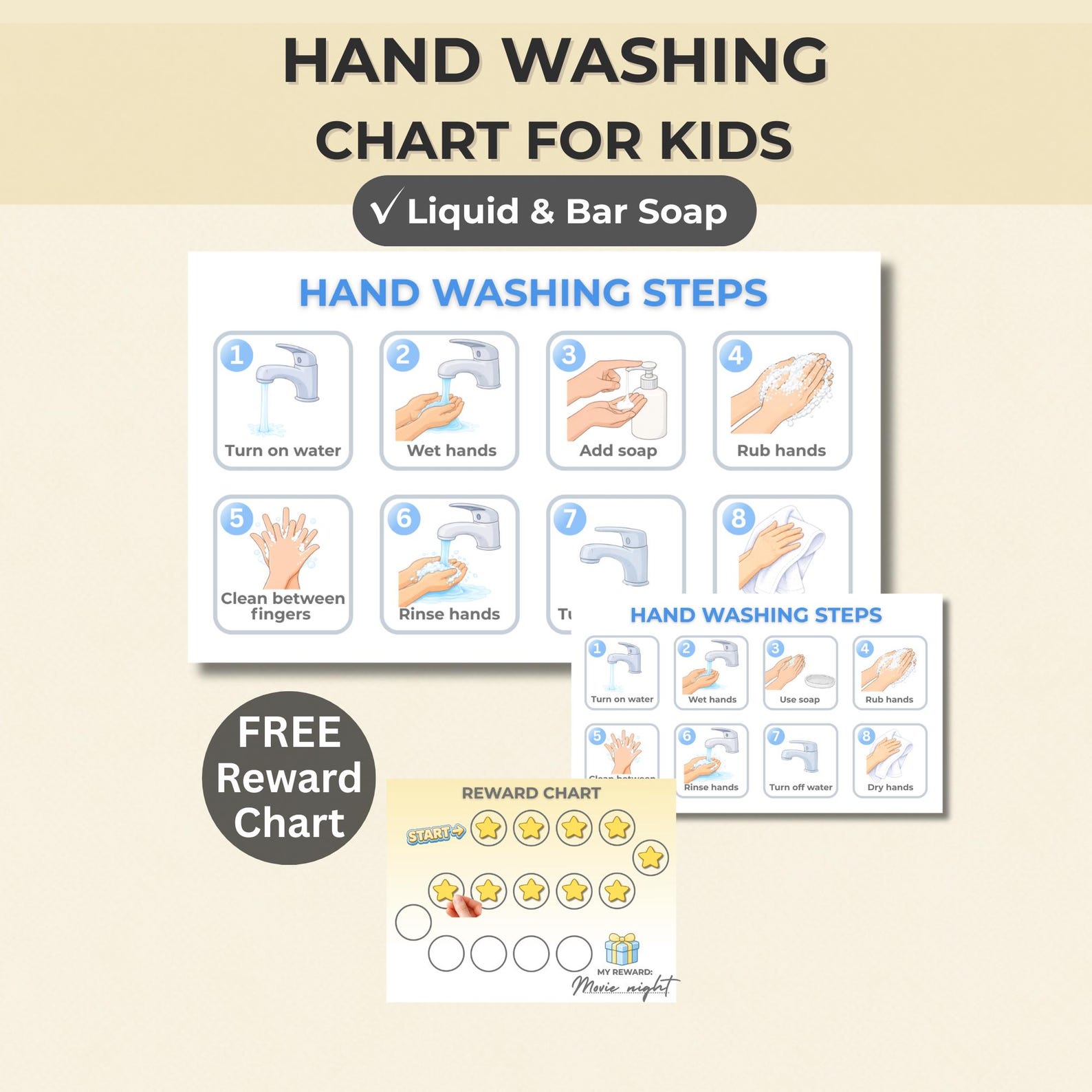 Hand Washing Chart for Kids Printable + Reward Chart, Visual Routine ...