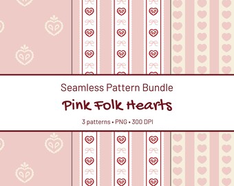 Pink Heart Pattern Bundle | Coquette Valentine Digital Paper Set | Stripe Folk Heart Bow Seamless PNG | Instant Download