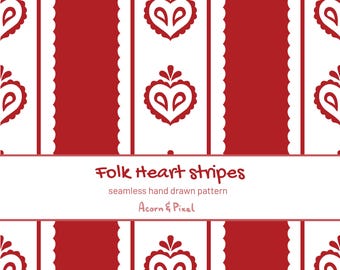 Patrón sin costuras de rayas y corazones folclóricos PNG, papel digital folclórico romántico, papel para álbum de recortes rojo y blanco, fondo de estampado de tela