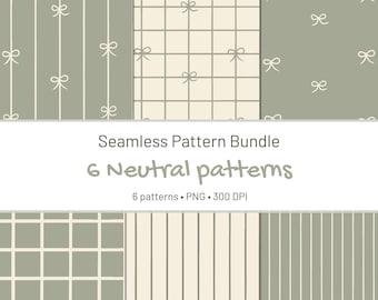 Paquete de patrones minimalistas sin costuras con lazos / Papel digital con rayas y cuadrícula verde salvia / Diseño moderno y neutro para álbumes de recortes y marcas