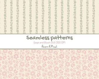 Coquette Folk Floral Pattern DUO, Papel digital rosa rubor verde salvia, Folk Stripe Seamless PNG, Papel para scrapbooking Cottagecore, Papel romántico