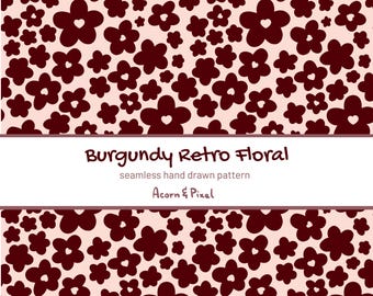 Patrón floral retro sin costuras JPG, papel digital de flores vintage burdeos, diseño de tela escandinava de los años 70, impresión bajo demanda, descarga para scrapbooking, manualidades
