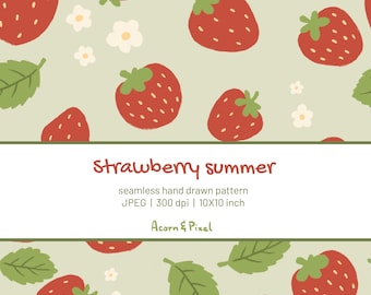 Diseño sin costuras de fresas dibujadas a mano, papel digital Cottagecore de verano (JPEG)