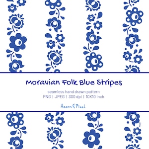May include: A seamless pattern with blue floral stripes on white. The design includes the text "Moravian Folk Blue Stripes" and details about the pattern's format and dimensions, which is 25.4 cm x 25.4 cm.