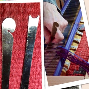May include: Close-up of weaving tools, including a metal shuttle and a pick-up stick, on a red woven surface. The image also shows a hand using a shuttle on a loom with purple yarn. The woven fabric has blue, yellow, and green threads.