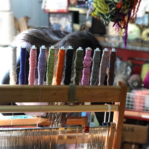 weaving bobbin rack holds 12 wound boat shuttle bobbins  Maple ,sturdy Stainless steel tall thin rods can hold shuttles too :Saorisantacruz