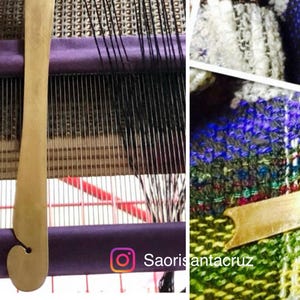 May include: A wooden Saori reed hook with different purpose ends. The hook is shown in use with black threads on a purple and beige loom. The image also shows close-ups of woven fabric in various colors.