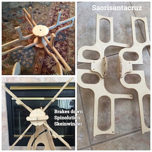 Puede incluir: Un devanador de ovillos de madera con cuatro brazos, etiquetado como "Brakes down Spinolution Skeinwinder". El devanador está ensamblado y listo para usar. La imagen también muestra las piezas individuales del devanador, que están hechas de madera sin terminar.