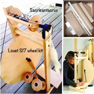 Puede incluir: Un kit de rueda de hilar Louet S17 de madera natural con una lana blanca. El kit incluye una rueda de hilar, un flyer y una bobina. La rueda de hilar est&aacute; ensamblada y lista para usar. La rueda de hilar est&aacute; en una plataforma de madera. La rueda de hilar tambi&eacute;n se muestra en una caja con las piezas dispuestas. La rueda de hilar tambi&eacute;n se muestra siendo utilizada por una persona.