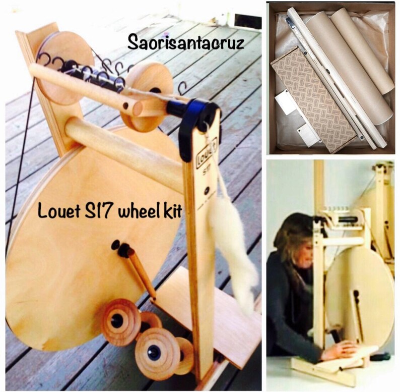 Puede incluir: Un kit de rueda de hilar Louet S17 de madera natural con una lana blanca. El kit incluye una rueda de hilar, un flyer y una bobina. La rueda de hilar est&aacute; ensamblada y lista para usar. La rueda de hilar est&aacute; en una plataforma de madera. La rueda de hilar tambi&eacute;n se muestra en una caja con las piezas dispuestas. La rueda de hilar tambi&eacute;n se muestra siendo utilizada por una persona.