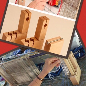 May include: A close-up of a wooden loom with a red and blue yarn being woven. The loom is made of wood and has a metal frame. The yarn is being woven by hand. The loom is sitting on a table.