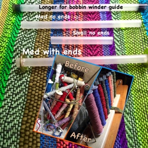 May include: A before and after image showing how to organize bobbins. The image shows a collection of bobbins in a jumbled mess, labeled "Before". The second image shows the bobbins neatly organized on a rack, labeled "After". The image also shows four clear plastic bobbin winder guides of different lengths, labeled "Longer for bobbin winder guide", "Med no ends", "Small no ends", and "Med with ends".