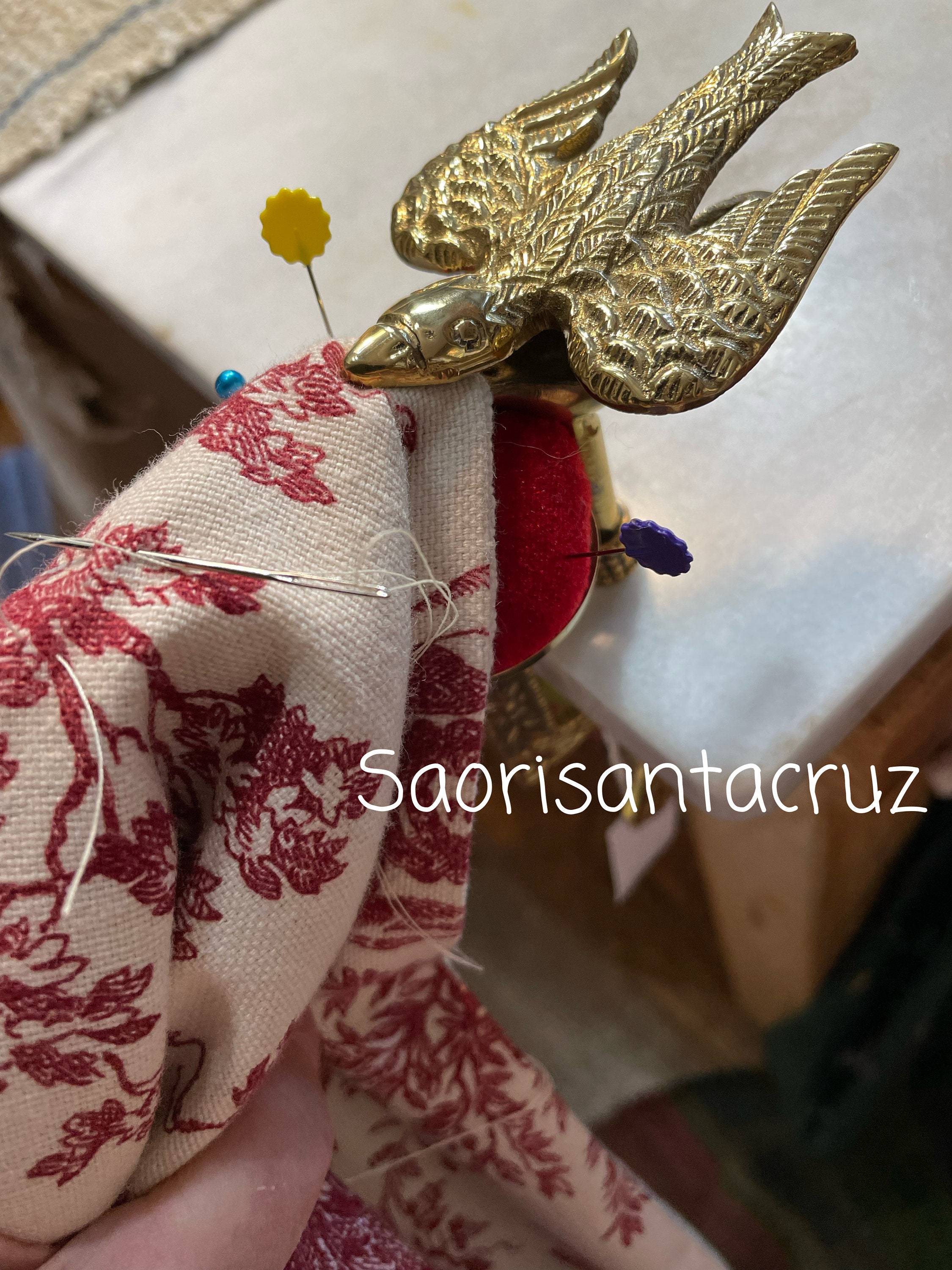 Brass SEWING CLAMP with VICTORIAN BIRD DESIGN AND RED VELVET PIN CUSHION 