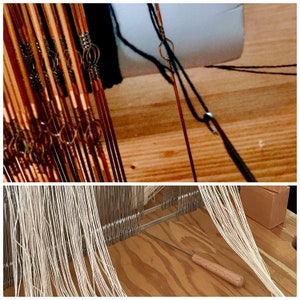 May include: Close-up of a weaving loom in use. The image shows the intricate details of the wooden frame, metal components, and the threads being woven. The loom is set up on a wooden surface, with various tools and materials visible.
