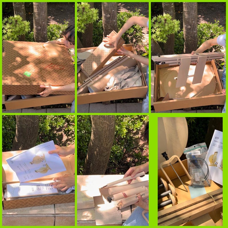 May include: A cardboard shipping box containing a disassembled wooden craft tool kit. The kit includes light-colored wooden components, metal hardware, a plastic bag with small parts, and an instruction manual with diagrams for assembly.