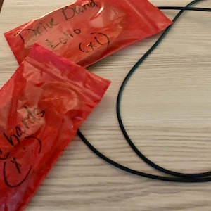 May include: Two red plastic bags with handwritten text, "Drive Band Echo (x1)" and "Echo drive bands (x)". A black rubber band is also visible on a light wood grain surface.