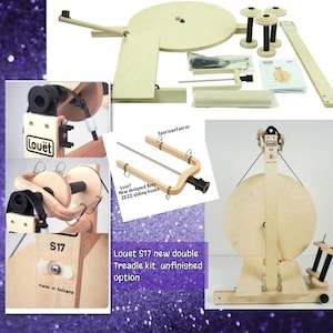 Puede incluir: Kit de torno de hilar Louet S17 de doble pedal en madera sin terminar. El kit incluye una rueda de madera, un flyer y un conjunto de pedal. La rueda est&aacute; hecha en Holanda.