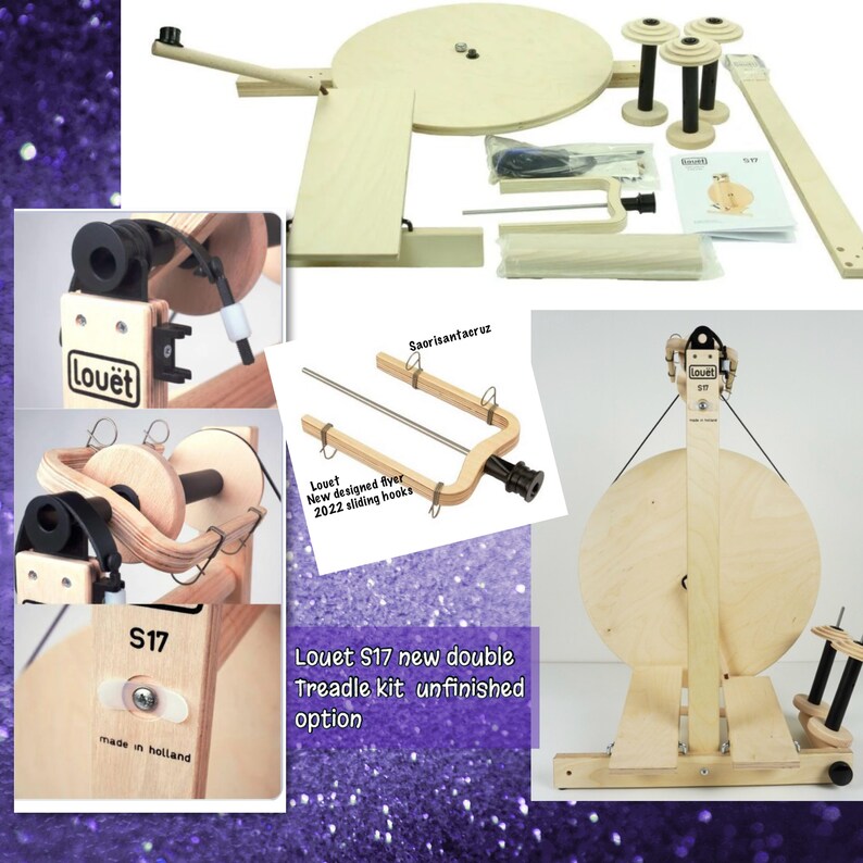 Puede incluir: Kit de torno de hilar Louet S17 de doble pedal en madera sin terminar. El kit incluye una rueda de madera, un flyer y un conjunto de pedal. La rueda est&aacute; hecha en Holanda.