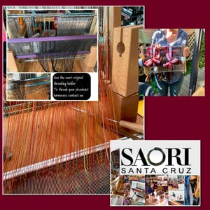May include: A wooden weaving loom with black and orange threads, and a wooden threading holder. The image includes text that says "Use the saori original threading holder To thread your piccolo40 harnesses contact me" and "SAORI SANTA CRUZ".
