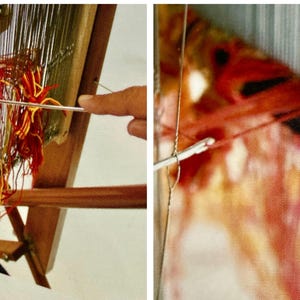 May include: Close-up of a wooden weaving loom with red, yellow, and orange threads. A hand is using a metal tool to manipulate the threads, creating a textile. The image shows the process of weaving.