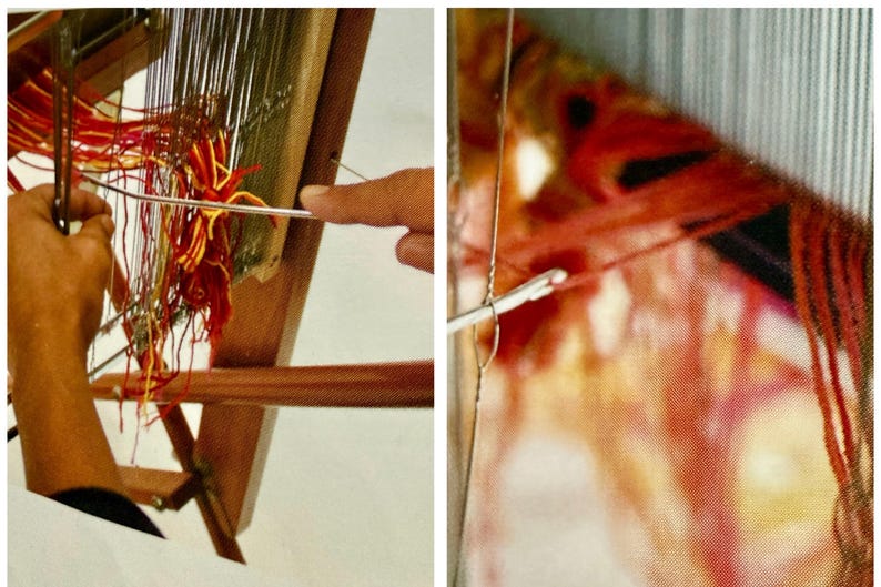 May include: Close-up of a wooden weaving loom with red, yellow, and orange threads. A hand is using a metal tool to manipulate the threads, creating a textile. The image shows the process of weaving.