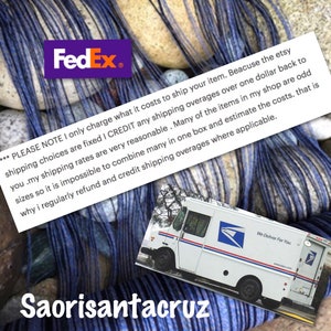 May include: The image features a FedEx logo and a USPS delivery truck. The background shows blue and white threads. Text on the image states shipping information and shop name Saorisantacruz.