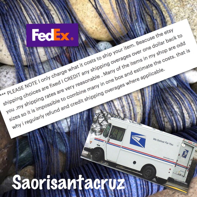 May include: The image features a FedEx logo and a USPS delivery truck. The background shows blue and white threads. Text on the image states shipping information and shop name Saorisantacruz.