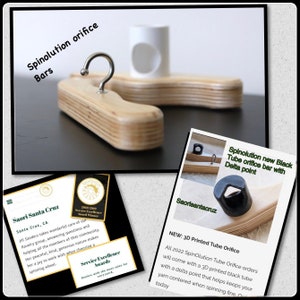 May include: A wooden spinning wheel orifice with a black tube and a delta point. The orifice is designed to help keep yarn centered when spinning. The image also includes a certificate of service excellence.