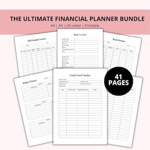 Könnte beinhalten: Eine Sammlung druckbarer Finanzplanungsseiten, darunter ein Rechnungszahlungs-Tracker, ein Budgetplaner und ein Kreditkarten-Tracker. Das Bundle umfasst 41 Seiten und ist in den Formaten A4, A5 und US Letter erhältlich. Der Text auf dem Bild lautet: "THE ULTIMATE FINANCIAL PLANNER BUNDLE".