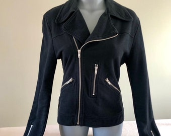 Vintage Norma Kamali Motorcycle Jacket Black Cotton Zippers Size Small FREE SHIP