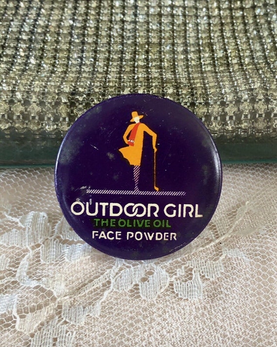 Vintage Art Deco Outdoor Girl Face Powder Box Tin