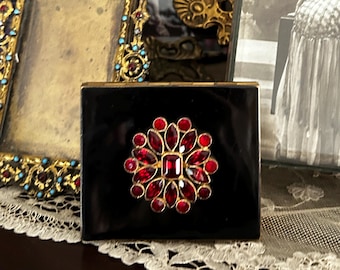 Vintage 1940s 50s Black Enamel Square Powder Compact Red Rhinestones Flower Glam