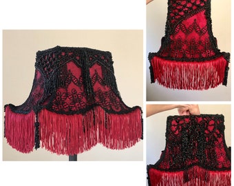 Antique Victorian Asian Style Lamp Shade Beaded Fringe Hand Sewn Gothic Bohemian
