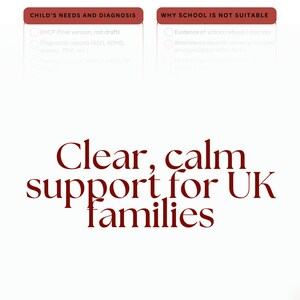 Op de afbeelding: Een witte afbeelding met bordeauxrode tekst met de tekst "EOTAS Evidence Checklist". Het bevat secties voor "Behoeften en diagnose van het kind" en "Waarom school niet geschikt is". De tekst "Duidelijke, rustige ondersteuning voor Britse gezinnen" is ook aanwezig.