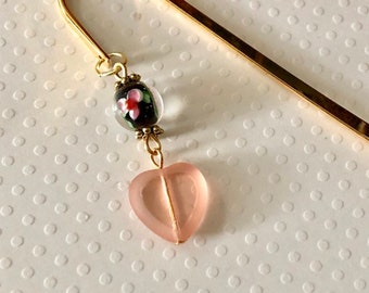 Floral Heart Bookmark, I Love You, Useful Gift, Pink and Black, Anniversary Gift, Thank You, Book Club, Gift Topper, Heart of Glass